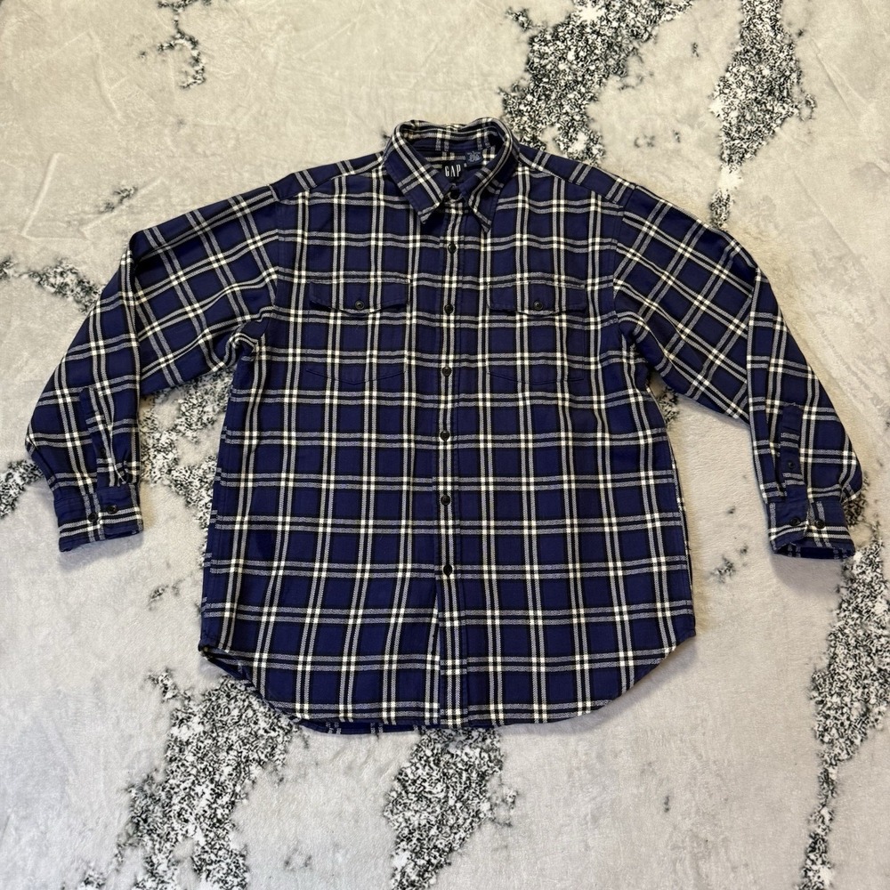 Gap Shirt Mens Size Large Blue Plaid Long Sleeve Button Up 100% Cotton Flannel